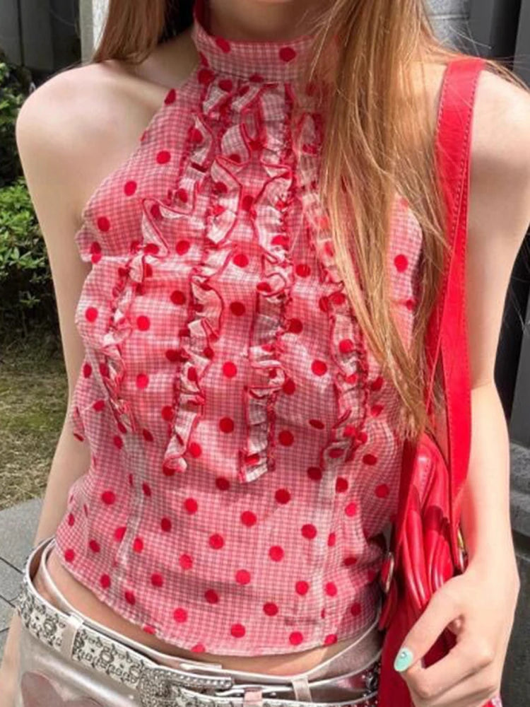 Lunivop  Sexy Cropped Slim Dot Tanks Women Vintage Sweet Halter Tanks Summer Streetwear Female Retro Sleeveless Korean Casual Tops