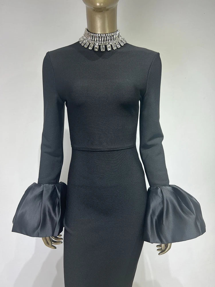 Lunivop Woemn's Evening Dress Diamonds Collar Flare Long Sleeve High Waist Sliming Elegant Party Dress 2025 New Clothing