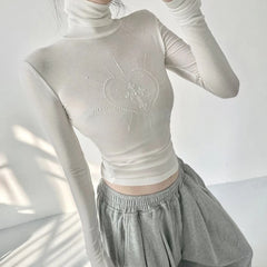 Lunivop  All-match Print Diamond Slim Fit T-shirts Summer New Turtleneck Bottoming Tops Women Y2k Grunge Long Sleeve White Tee Shirt