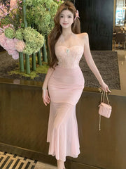 Lunivop  Pink Mesh Embroidery Chic Diamon Luxury Dress Women Elegant Neck-mounted Long Dress Summer Korean Bodycon One Piece Dresses