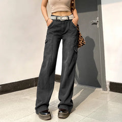 Lunivop New Street High Waist Straight Leg Casual Jeans with Irregular Pockets Work Clothes Floor Towers  Dad's Pants