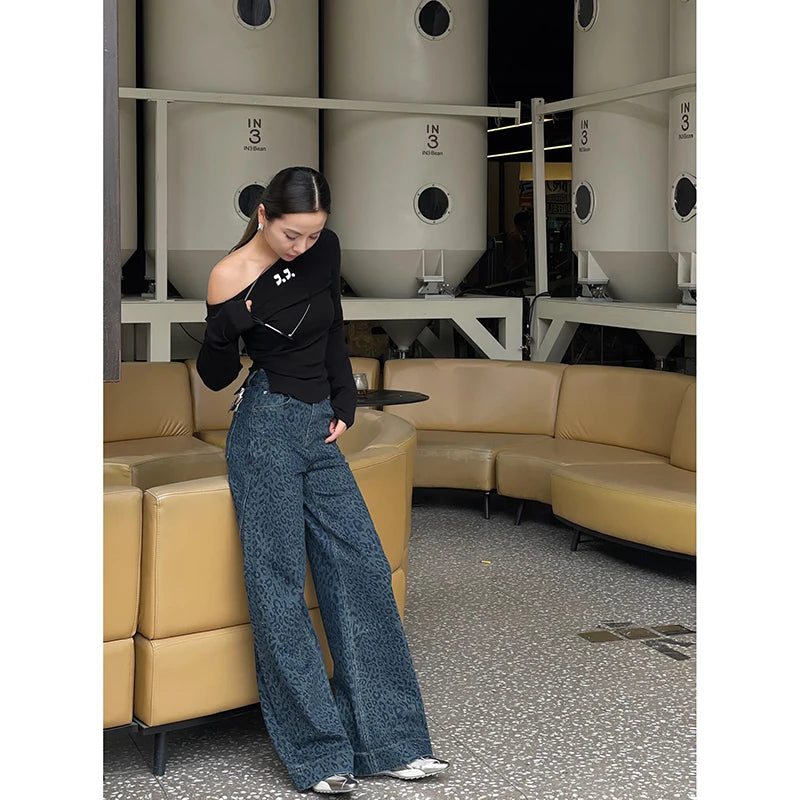 Lunivop Women's Retro Wide Leg Baggy Blue Casual Denim Trouser Harajuku Aesthetic High Waist Loose Jeans 2024 Autumn Leopard Print Pant