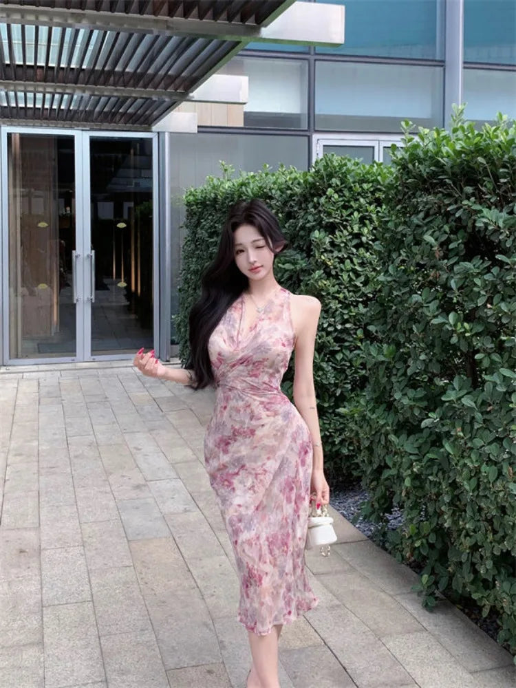 Lunivop  Woman Dress Floral Printed Sleeveless V Neck Halter Slim Vintage Split Temperament Party Dresses French Style Chic