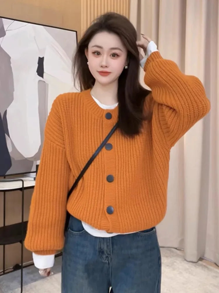 Lunivop Button Down Crew Neck Cardigan Sweater for Women Long Sleeve Cozy Plain Cardigan Soft Knitwear Autumn Winter Casual Chic Outfit