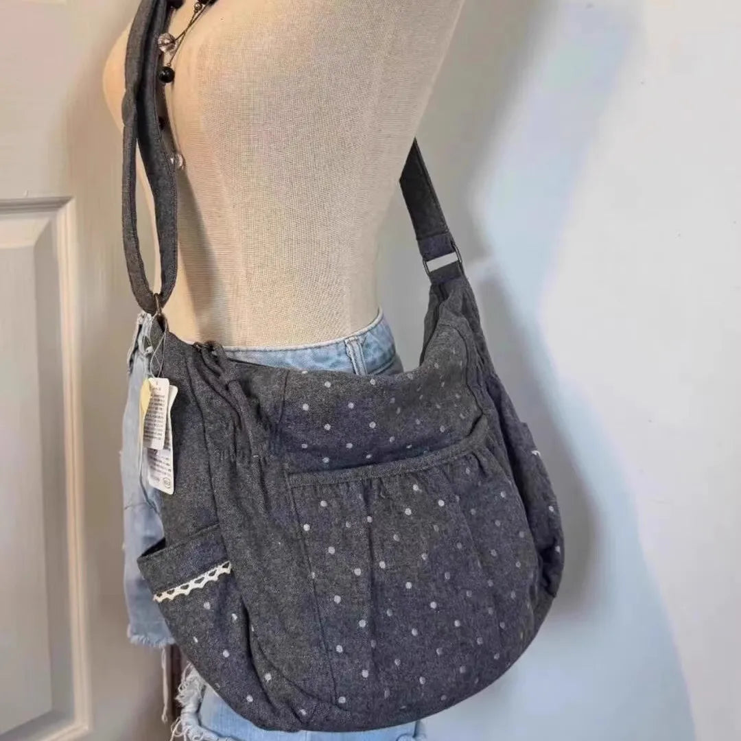 Lunivop  Korean Style Polka Dot Canvas Tote Bag Womem Shoulder Bags Ladies  Casual Lazy Versatile Fashion Crossbody Bag for Work Commute
