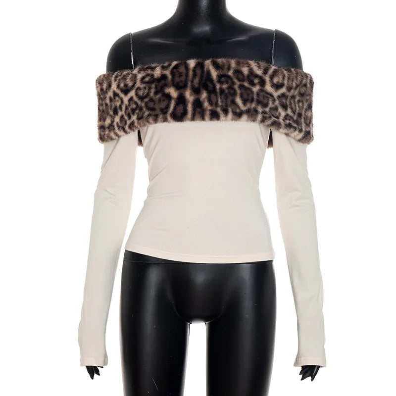 Lunivop  Leopard Print Faux Fur Patchwork Slim T-shirts Women Sexy Casual Slash Neck Off Shoulder Long Sleeve Streetwear Tees Tops