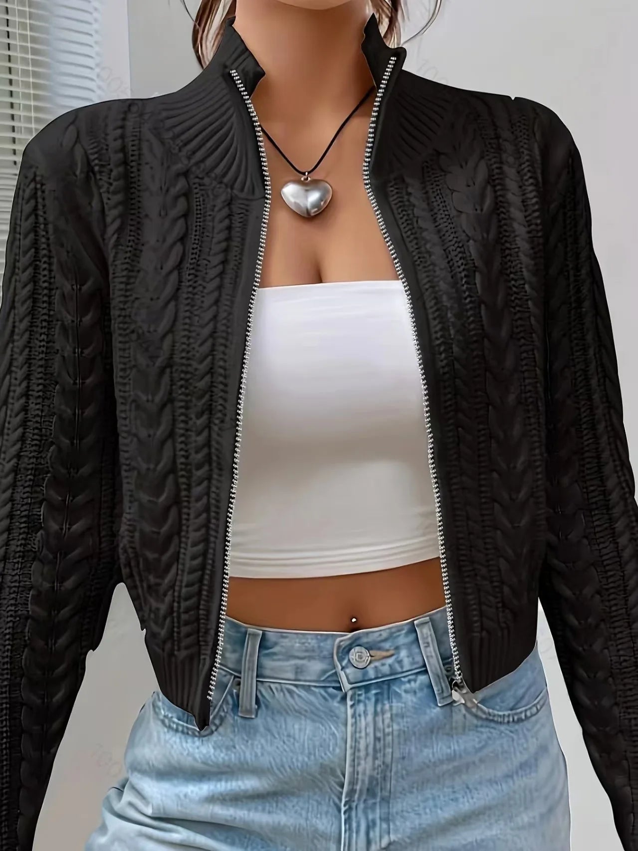 Lunivop Zip Up Crop Cardigan for Women Boxy-fit Zipper Front Cable Knit Sweater Jacket Autumn Winter Teen-girl Y2K Outfit