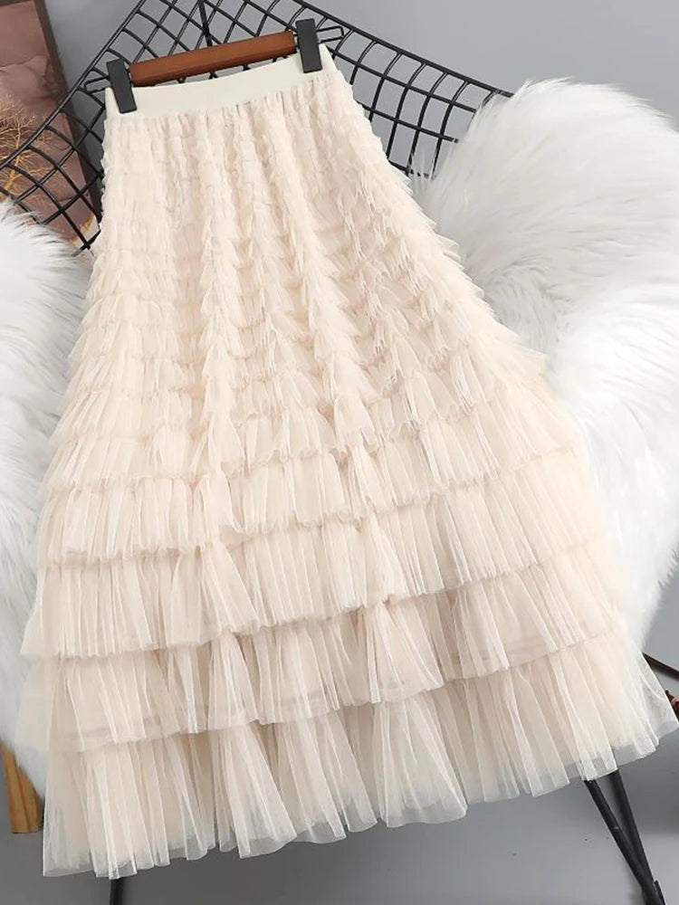 Lunivop  Summer Elegant Women Tulle Skirt Korean Fashion Mesh A Line Ladies Cake Skirt High Waist Loose Party Female Skirts New