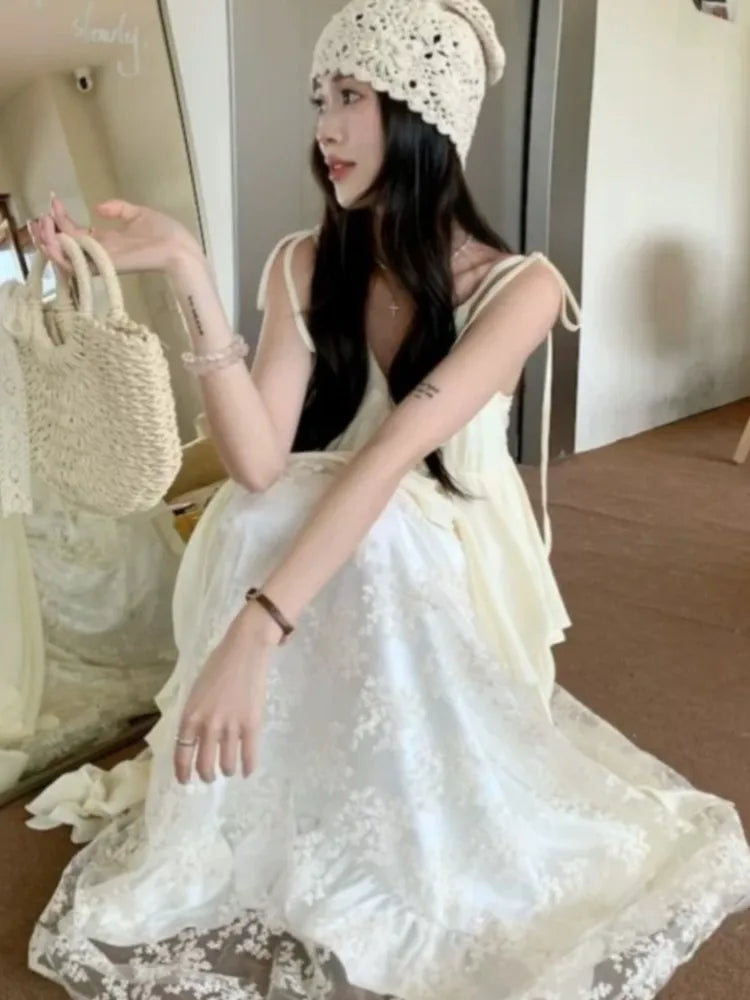 Lunivop  Korea Style  Straps  Vestidos Playa Mujer Women's Sexy Lace Beach Embroidered V-Neck Patchwork Dresses A-line  Party Dress