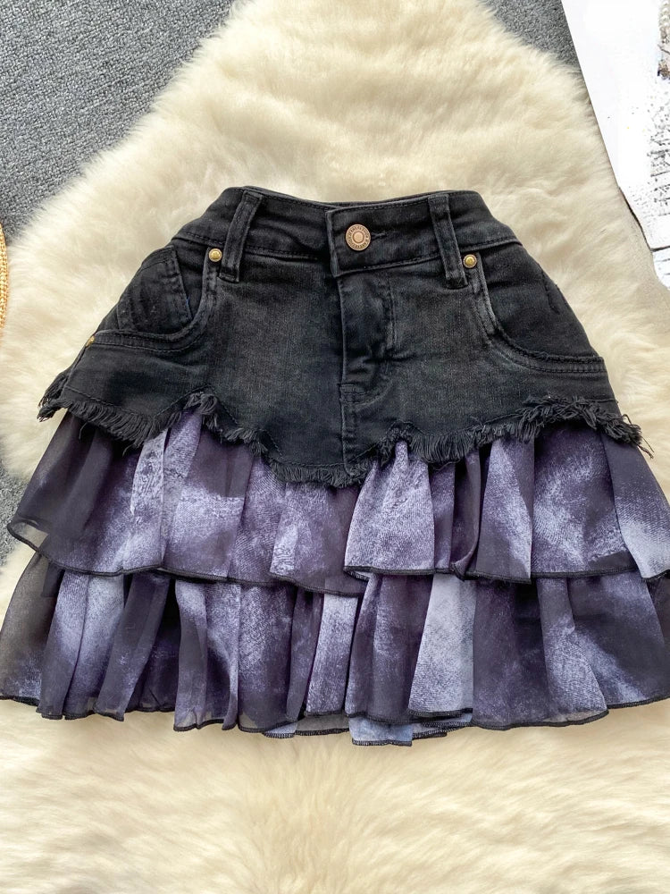 Lunivop Sexy Gyaru Denim Skirts High Waist Ruffles Patchwork Raw Edge Irregular Pockets Skirt for Women Summer Streetwear Y2k Clothing