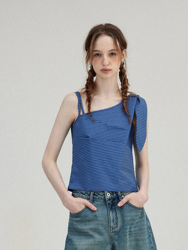 Lunivop American Retro Plaid Tanks Women Slim Sexy Off Shoulder Camis Tanks Cute Bow Vintage Female Summer Casual Y2K Tanks Tops