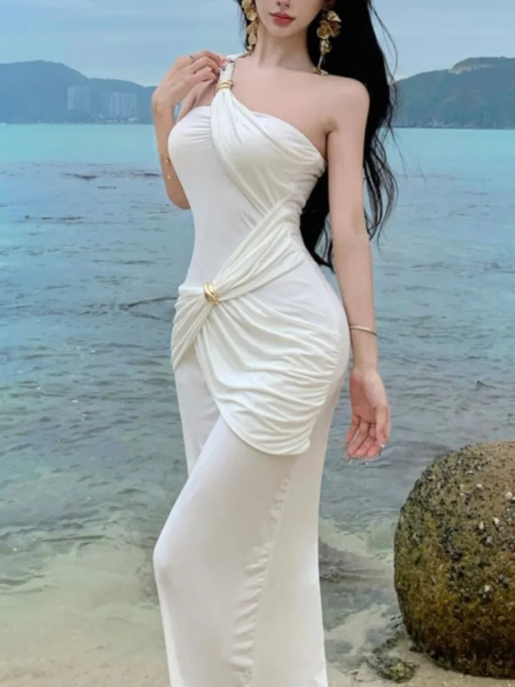Lunivop  Fashion Women Sleeve Sexy Backless Long Dresses Summer Party Evening Slim Vestidos  Fitting Sloping Shoulder Bodycon Dress