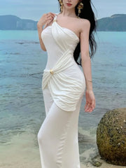 Lunivop  Fashion Women Sleeve Sexy Backless Long Dresses Summer Party Evening Slim Vestidos  Fitting Sloping Shoulder Bodycon Dress