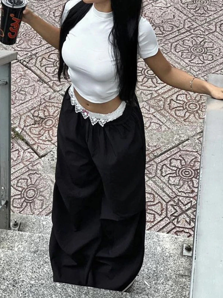Lunivop Vintage Lace Patchwork Pants Women Y2k Streetwear Low Rise Wide Leg Trousers Korean Fashion Casual Black Baggy Pants