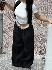 Lunivop Vintage Lace Patchwork Pants Women Y2k Streetwear Low Rise Wide Leg Trousers Korean Fashion Casual Black Baggy Pants