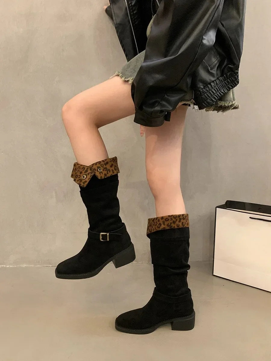 Lunivop Designer Leopard Pleated Knee Boots Woman Chunky Heel Pull-on Long Booties Ladies Fashion Buckle High Knight Botas De Mujer