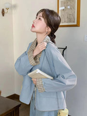 Lunivop Sweet Cargo Jacket Women Loose Preppy Style Plaid Patchwork Short Coat Casual Korean Fashion Long Sleeve Fall Winter Tops