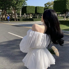 Lunivop  Sexy One Word Girl Spring and Autumn New Unique Waist Bubble Sleeve Shirt French Fold Bubble Sleeve Girl the dress black dress white dress