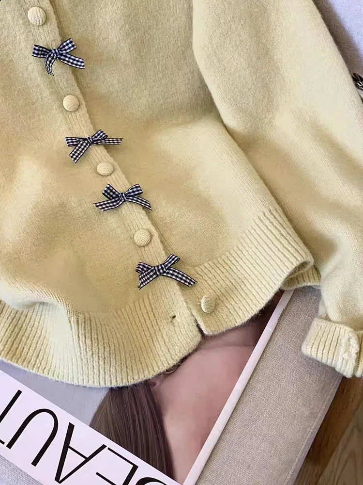 Lunivop Cute Bow Women Cardigan Long Sleeve Lazy Wind Sweet Knitted Sweater Casual Loose Preppy Style Vintage Lady O Neck Fall Tops