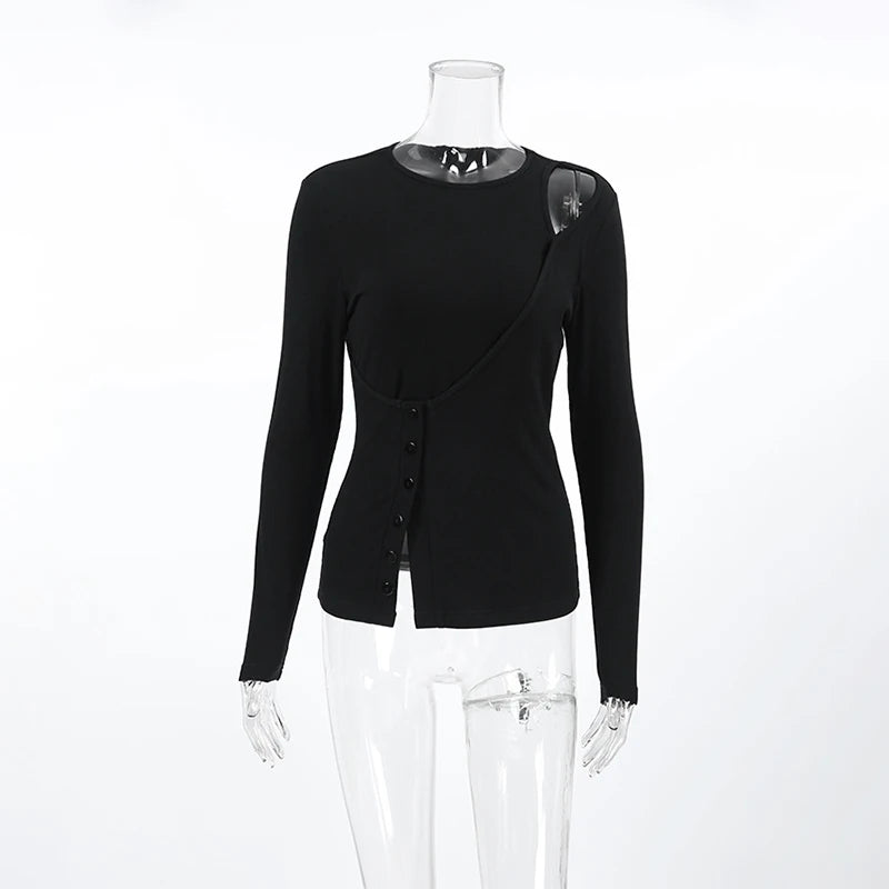 Lunivop  BKLD Fake Two-piece T Shirt Hottie Autumn Outfit Black Irregular Hollow Button Design Tight Full Sleeve Tops Casual Clothes