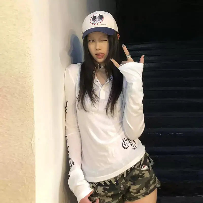 Lunivop American Retro T-shirt Women Hooded Print Graphic Tops Y2k Vintage Tops Streetwear Japanese 2000s Grunge Tops E-girls