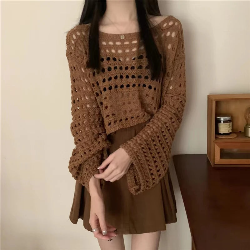 Lunivop Long Sleeve Crochet Knit Top Summer Beach Bikini Cover Up Crop Pullover Wool Knitwear Blouse Women Vacation Boho Outfit