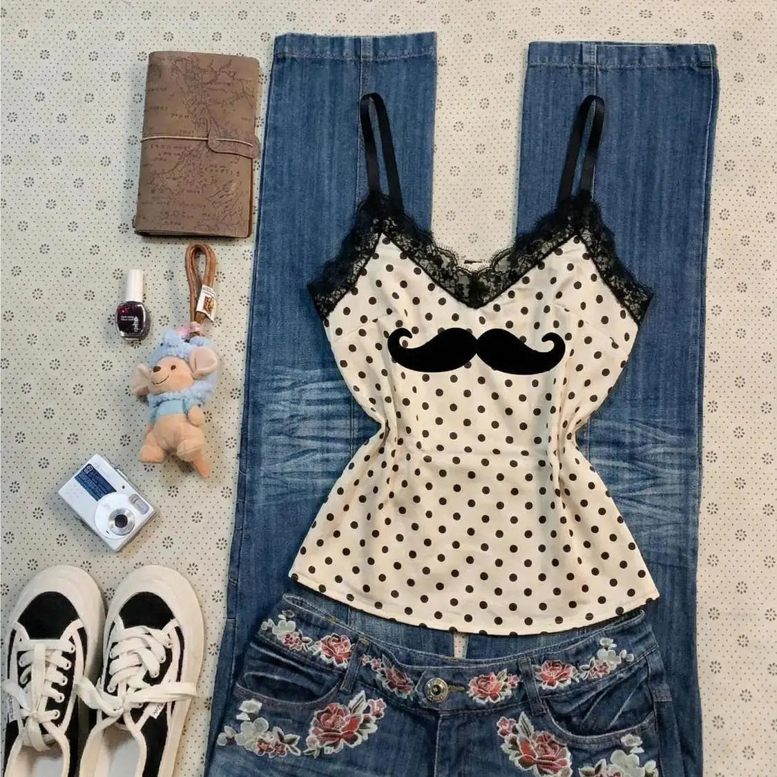Lunivop  American Vintage Polka Dot Y2K Goth T-shirt Print Lace Patchwork Slim Crop Top Sleeveless Sling Elegant Casual New Tees