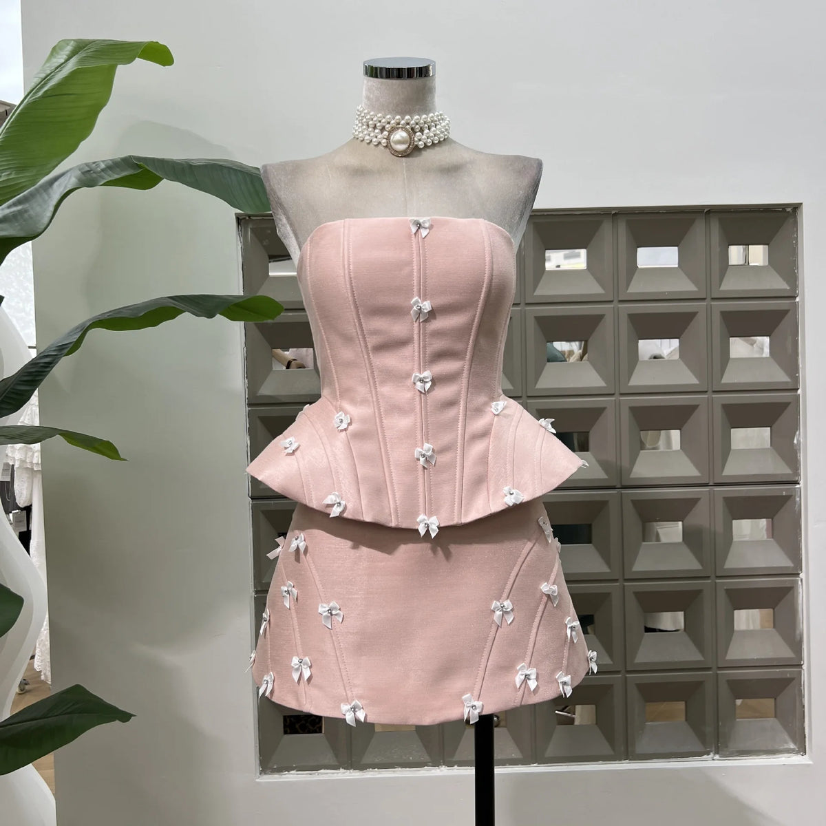 Lunivop New Spring And Summer Sweet Bow Decorated Pink Corset Style Women's Two-piece Set Dress Elegant Dresses Female