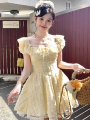 Lunivop  Sweet Sexy Slim Yellow Dress Women Fashion Lace Patchwork Cute Mini Dress Chic Square Collar Puffy Sleeve Elegant Vestidos