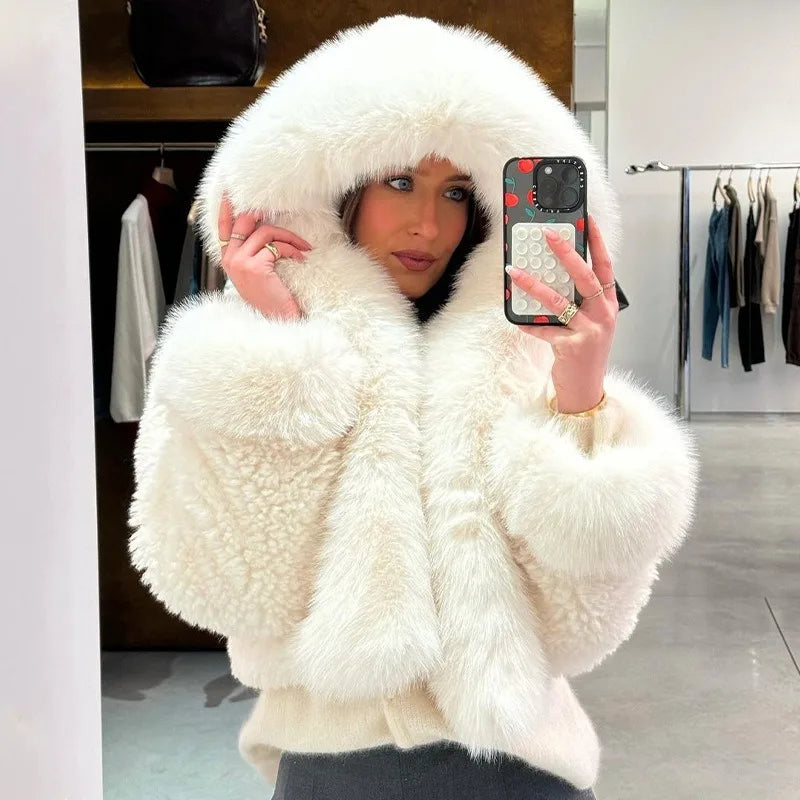 Lunivop Autumn Winter Solid Faux Fur Short Cardigan Coat Women Hooded Full Sleeve Patchwork Warm Casual Streetwear Hipster Jackets