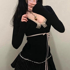 Lunivop  Contrast Lace Bow Cropped Top Sweet Coquette Square Collar T Shirts Black Casual Full Sleeve Tee Women y2k Aesthetic Lady