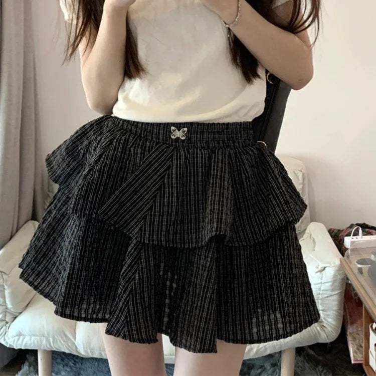 Lunivop Fashion Vintage Plaid Cake Skirt for Women Summer New Black Faldas Mujer Y2k E-Girl High Waist Ruched A-line Skirts