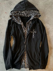 Lunivop  American Vintage Fake Two Hooded Sweatshirt Y2k High Street Print Jacket Women Cardigan Coats Grunge Leopard Hoodie