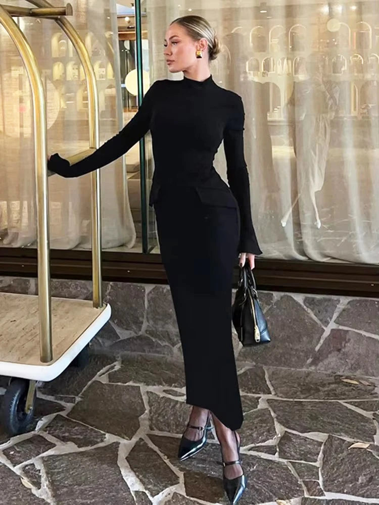 Lunivop Half Turtleneck Long Sleeves Maxi Dress Fashion Office Lady Clothing Back Slit Gown Dress Female Solid Streetwear Autumn