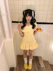 Lunivop Sweet Elegant Bodycon Mini Dresses Women Off Shoulder Korean Style Butter Yellow Plaid Ruffles Dresses Y2k Harajuku