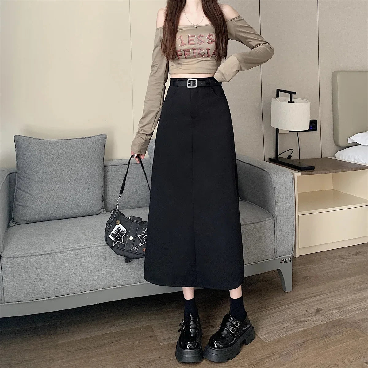 Lunivop High-waisted Slimming Skirt Greysuit Women's Lightweight Casual A- line Medium-length Dress