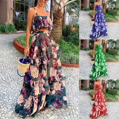Lunivop  2 Piece Set Women Stylish Floral Elegant Printed Sleeveless Short Top+Loose High Waist Pleated Long Skirt Sets