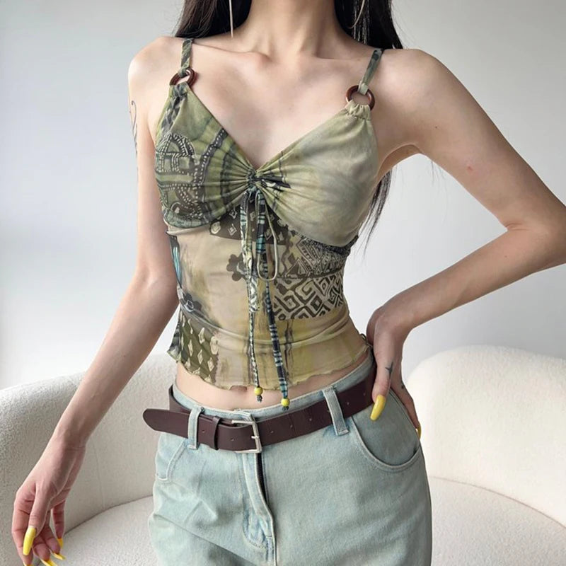 Lunivop  Vintage y2k Crop Top Mesh Drawstring Bandage V Neck Sleeveless Camisole 2000s Harajuku Summer Tees Retro Ladies Clothing