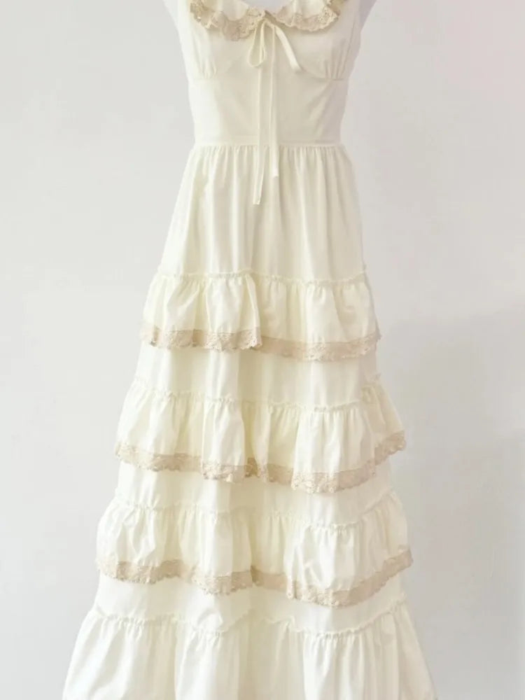 Lunivop  Summer New Sweet Lace Ruffles Apricot Cake Long Dresses Vacation V-neck Flying Sleeves Chic Dress Basics Birthday party Dress