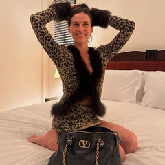 Lunivop  Women Sexy Furry Patchwork Glitter Leopard Fashion 2 Piece Set Long Sleeve Cardigan Tops + Bodycon Mini Skirts Casual Streetwear