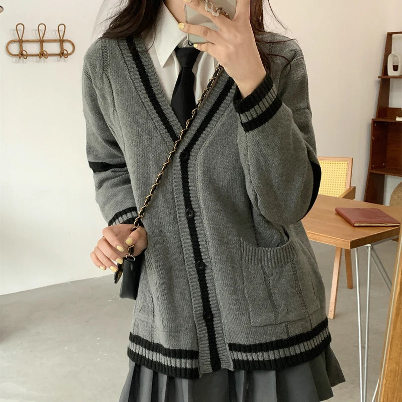 Lunivop Knit Cardigan for Women Long Sleeve Button-up with Contrast Trim Sweater Jacket Varsity High School Teen-girl Preppy Chic Outfit