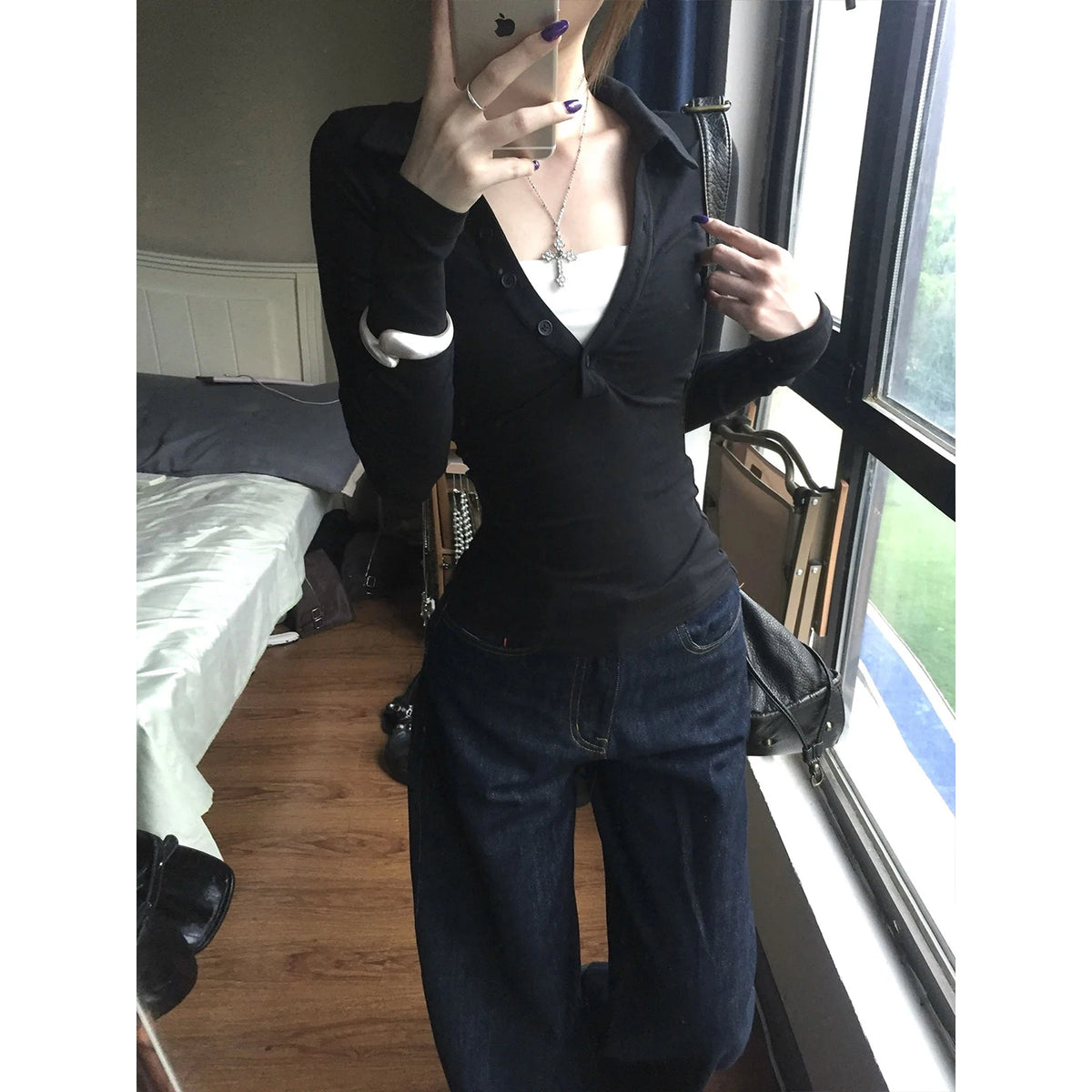 Lunivop American Retro Fake Two Pieces Tops Long Sleeve Skinny Y2k Japanese T-shirt Women Autumn 2000s Grunge Tops Tee E-girls
