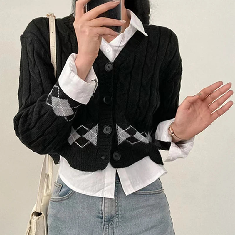 Lunivop Argyle Cable Knit Cardigan Sweater for Women Teen-girl Cozy Knitted Button Up Boxy Fit Sweater Preppy Chic Outfit