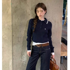 Lunivop Preppy Style Embroidery Sweaters Women Old Money Style Korean Knitted Pullover Vintage Long Sleeve Gray Polo Jumpers