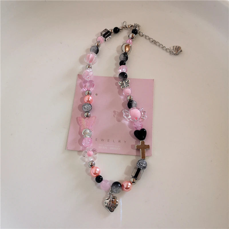 Lunivop Kpop Gothic Y2K Peach Heart Strawberry Bowknot Pendant Bead Choker Necklace For Girl 2000s Y2K EMO Aesthetic Jewelry Accessories