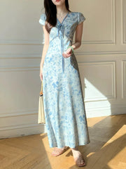 Lunivop  Sweet Blue Print Long Dress Women Slim Vintage V Neck Elegant Dress Casual French Retro Lace Up Female Soft Vestidos New