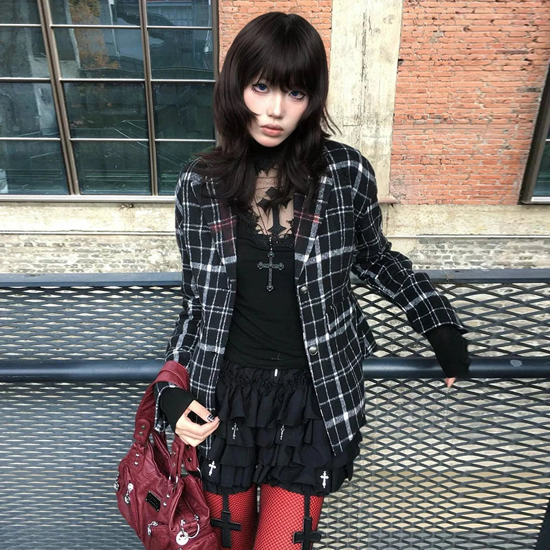 Lunivop Y2k Gothic T Shirt Women Hollow Out Patchwork Vintage Crop Tops Streetwear American Retro Grunge Tops Aesthetic Tshirt