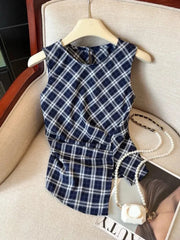 Lunivop  Retro Women Red Plaid Tanks Casual O Neck Slim Korean Vintage Tanks Summer Sleeveless Irregular Female Design Simple Tops