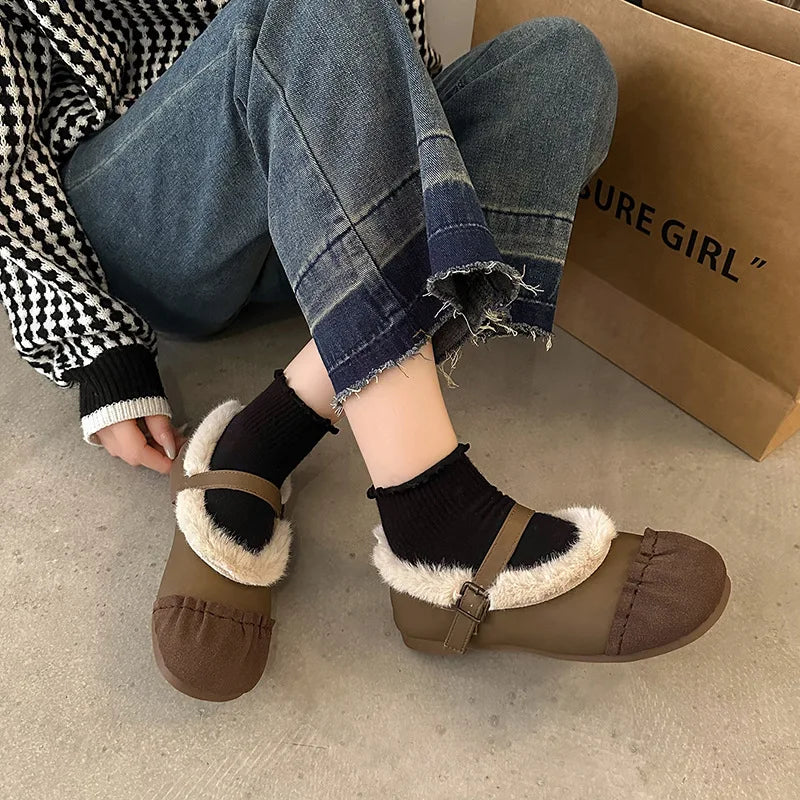 Lunivop Winter White Wool Shoes for Woman Sheep Fur Flats Fashion Buckle Mocasines Plush Cotton Snow Shoes Female Flat Mary Jane Shoes