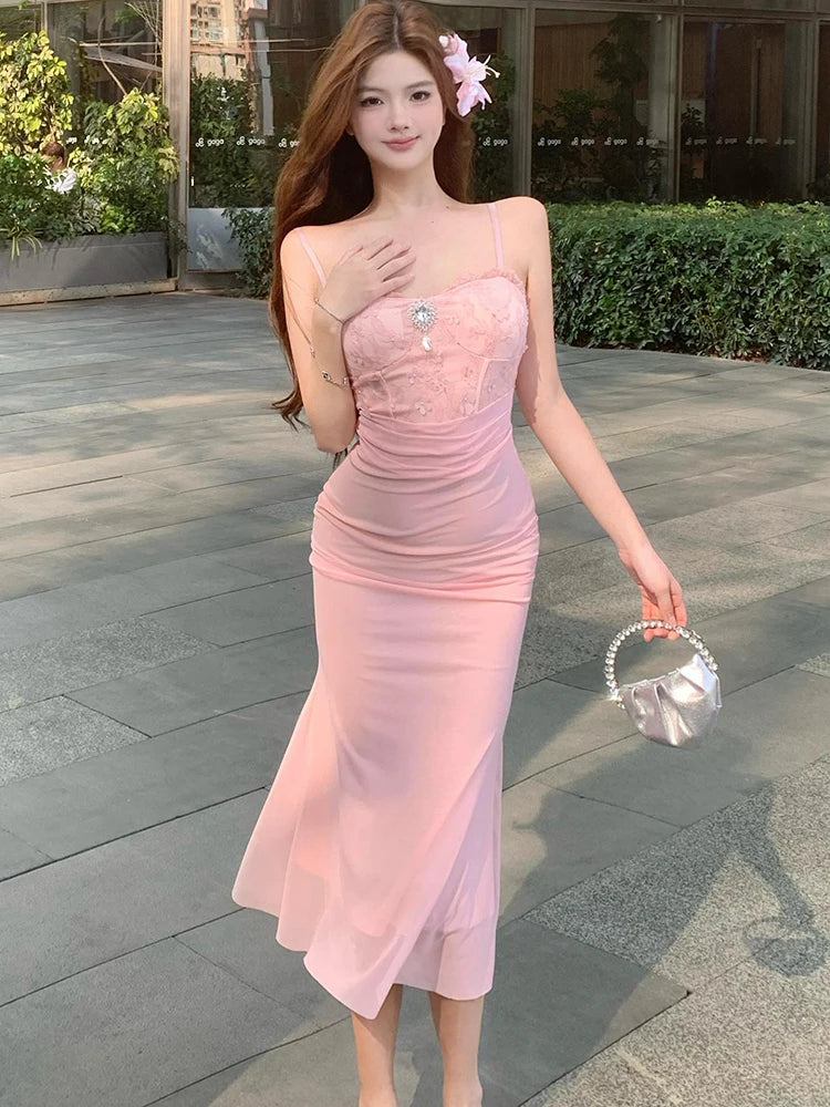 Lunivop  Women Pink Mesh Patchwork Jacquard Diamonds Sling Long Dress Summer Elegant Casual Holiday Dress Korean Bodycon Party Dress